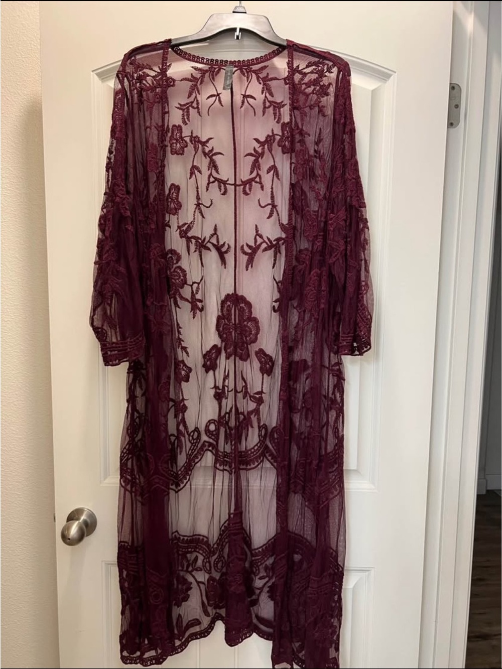 Lane Bryant Sheer Embroidered Long Kimono Duster - Burgundy